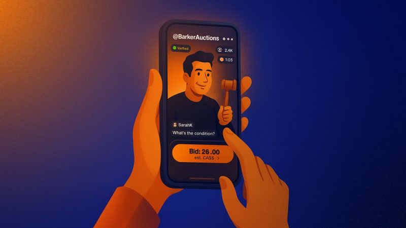 Illustration of a person holding a smartphone showing a RocketBid live auction. The host engages viewers in real time, representing influencer-style auctions and live online bidding.
