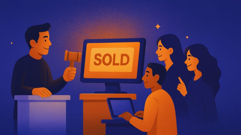 llustration of two people celebrating a successful online auction on RocketBid. The scene shows a “SOLD” sign and bidders interacting on a live auction stream, symbolizing engagement and real results in digital auctions.