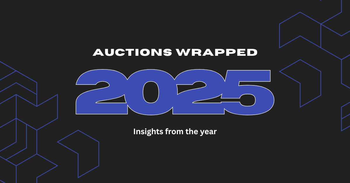 RocketBid Auctions Wrapped 2025 blog header featuring bold blue ‘2025’ text on a dark background with geometric accents.