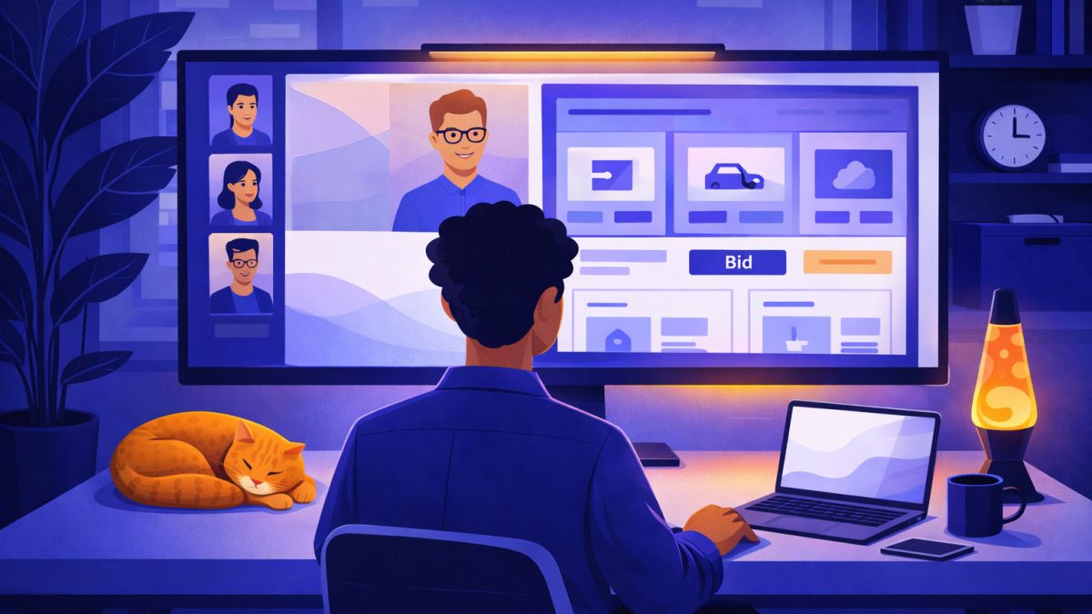 Illustration of a remote sales professional working at a desk, viewing a live video call and an online auction interface on a widescreen monitor, with a sleeping orange cat nearby.