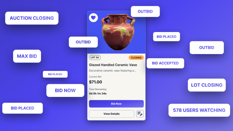Mobile auction interface during a high-pressure lot close, showing live bids, countdown timer, outbid alerts, and hundreds of users watching.