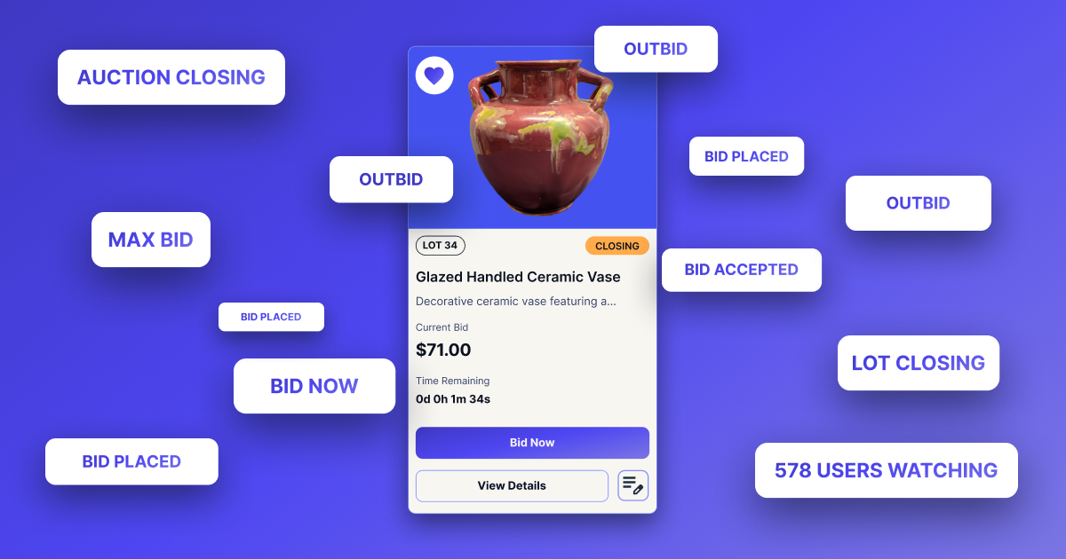Mobile auction interface during a high-pressure lot close, showing live bids, countdown timer, outbid alerts, and hundreds of users watching.