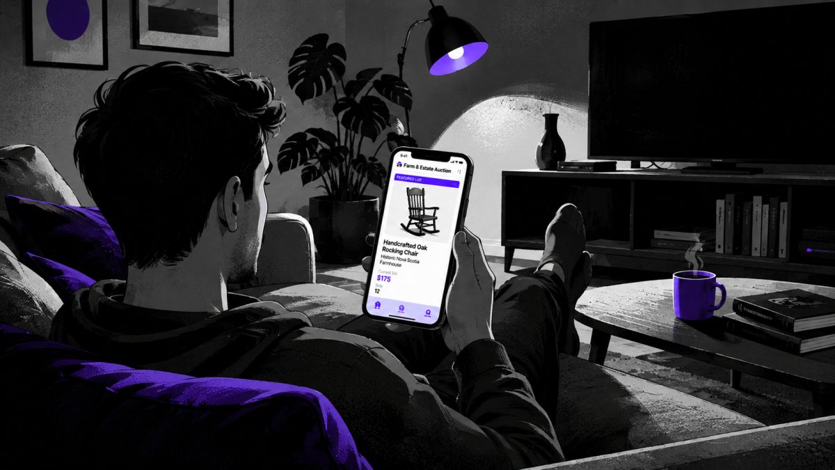 Illustration of a person discovering an online auction while scrolling on their smartphone, highlighting how auction marketing and design capture bidder attention in the first few seconds.