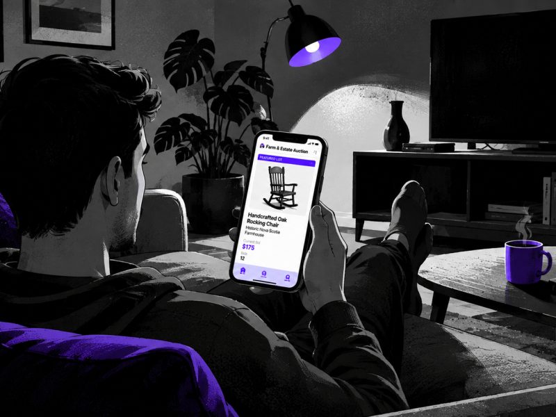 Illustration of a person discovering an online auction while scrolling on their smartphone, highlighting how auction marketing and design capture bidder attention in the first few seconds.